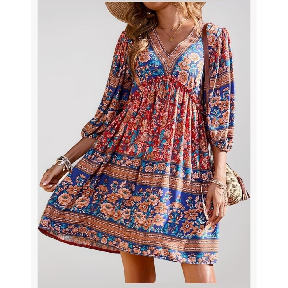 NWT $49 SZ XL BTFBM Casual Dress V Neck 3/4 Sleeve Flowy Boho Babydoll Mini